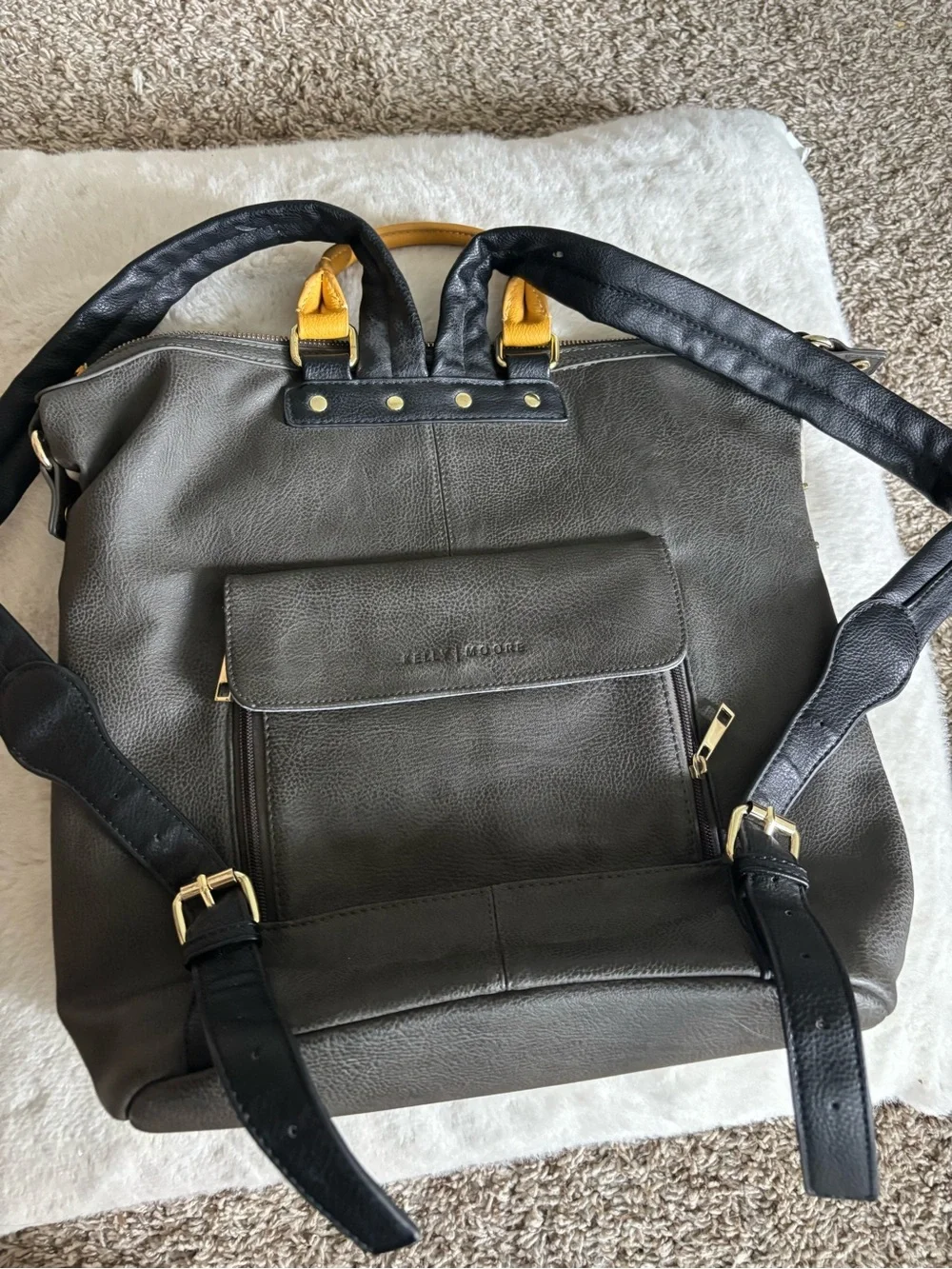 KELLY MORE Two-Tone Cream and Black   camera Backpack with Yellow Accents